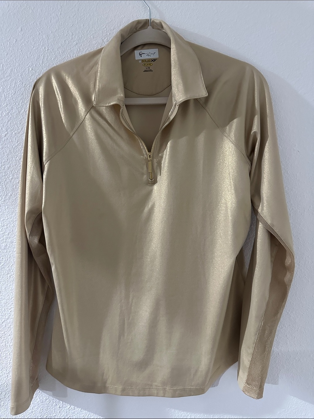 Greg Norman Collection Women's Shiny Zip-Front Button Down Shirt in Beige
